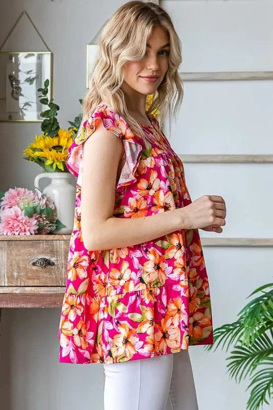 Heimish Full Size Butterfly Sleeve Floral Tiered Top Plus Size - ShalayeFashion
