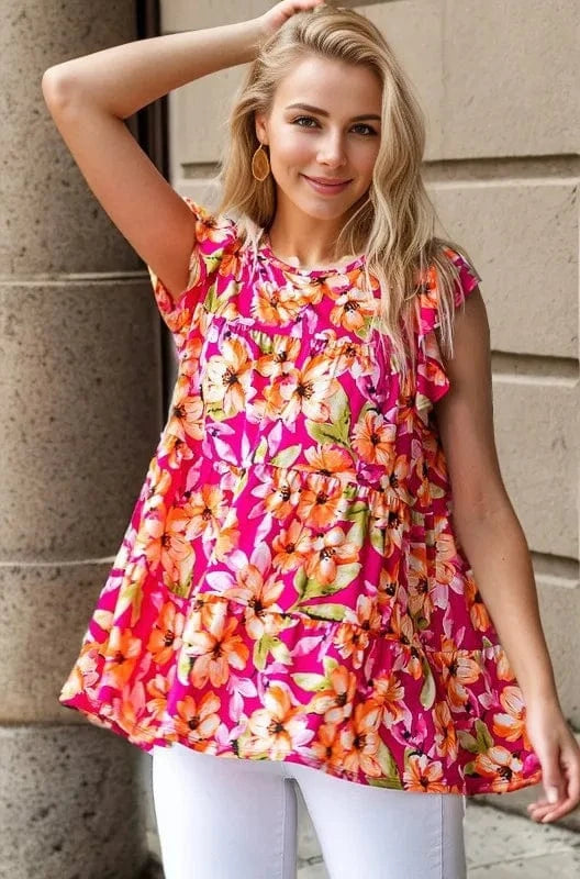 Heimish Full Size Butterfly Sleeve Floral Tiered Top Plus Size - ShalayeFashion