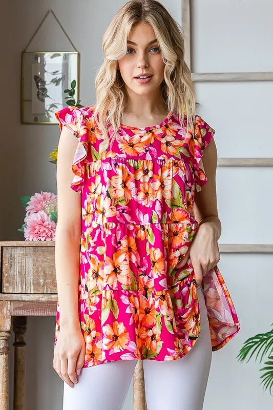 Heimish Full Size Butterfly Sleeve Floral Tiered Top Plus Size - ShalayeFashion