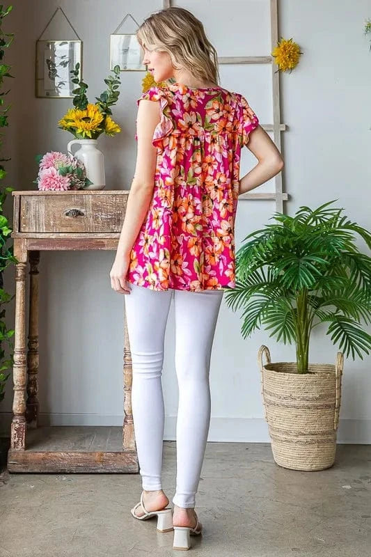 Heimish Full Size Butterfly Sleeve Floral Tiered Top Plus Size - ShalayeFashion