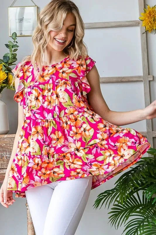 Heimish Full Size Butterfly Sleeve Floral Tiered Top Plus Size - ShalayeFashion