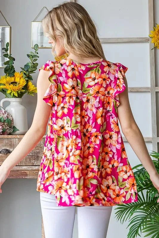 Heimish Full Size Butterfly Sleeve Floral Tiered Top Plus Size - ShalayeFashion