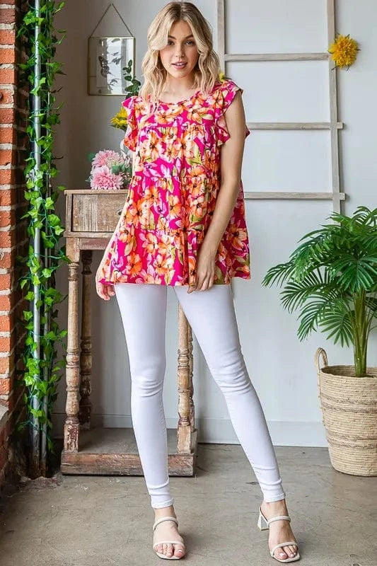 Heimish Full Size Butterfly Sleeve Floral Tiered Top Plus Size - ShalayeFashion