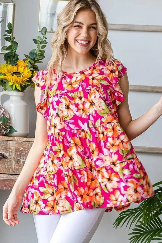 Heimish Full Size Butterfly Sleeve Floral Tiered Top Plus Size - ShalayeFashion