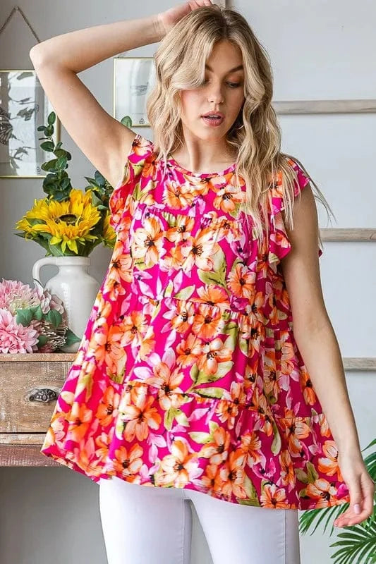 Heimish Full Size Butterfly Sleeve Floral Tiered Top Plus Size - ShalayeFashion