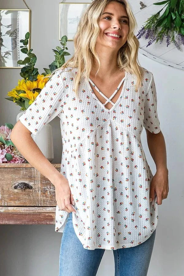 Heimish Full Size Crisscross Ditsy Floral Babydoll Top Plus Size - ShalayeFashion