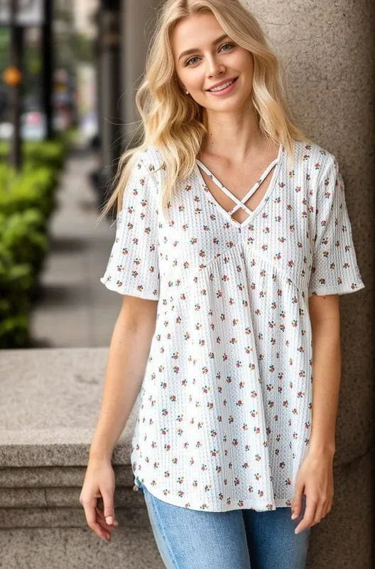 Heimish Full Size Crisscross Ditsy Floral Babydoll Top Plus Size - ShalayeFashion