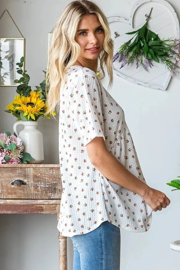 Heimish Full Size Crisscross Ditsy Floral Babydoll Top Plus Size - ShalayeFashion