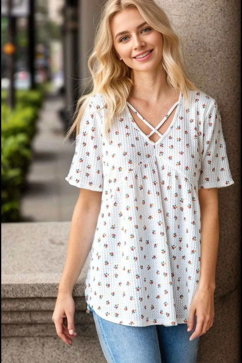 Heimish Full Size Crisscross Ditsy Floral Babydoll Top Plus Size - ShalayeFashion