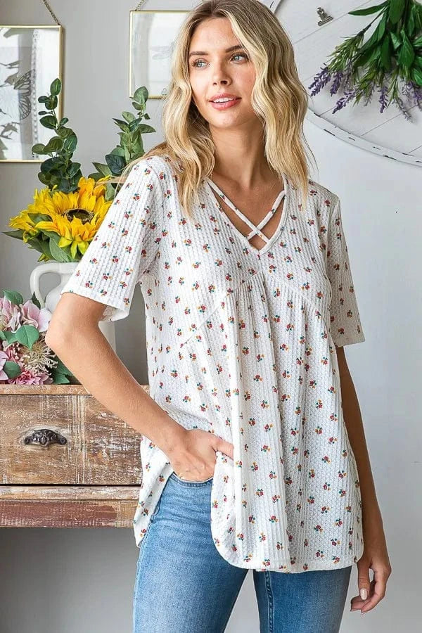 Heimish Full Size Crisscross Ditsy Floral Babydoll Top Plus Size - ShalayeFashion