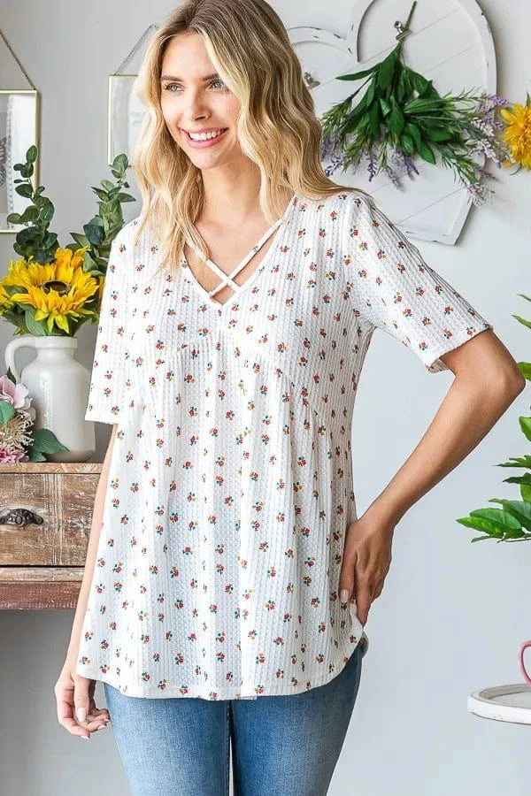 Heimish Full Size Crisscross Ditsy Floral Babydoll Top Plus Size - ShalayeFashion