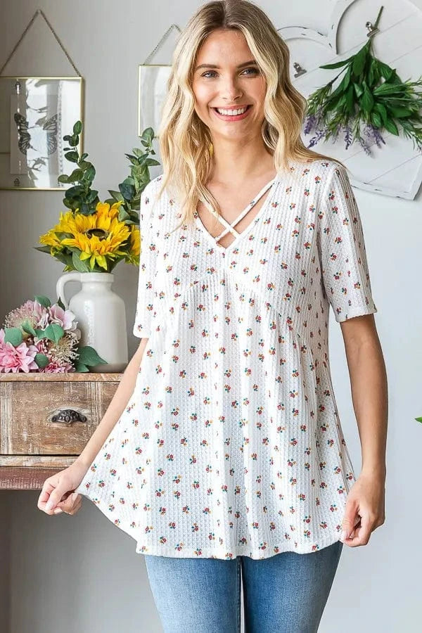 Heimish Full Size Crisscross Ditsy Floral Babydoll Top Plus Size - ShalayeFashion
