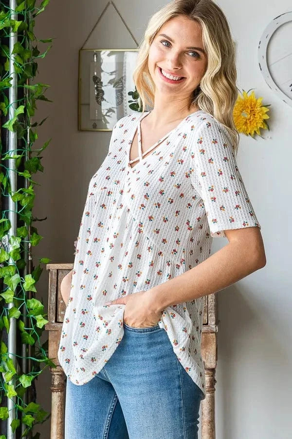 Heimish Full Size Crisscross Ditsy Floral Babydoll Top Plus Size - ShalayeFashion