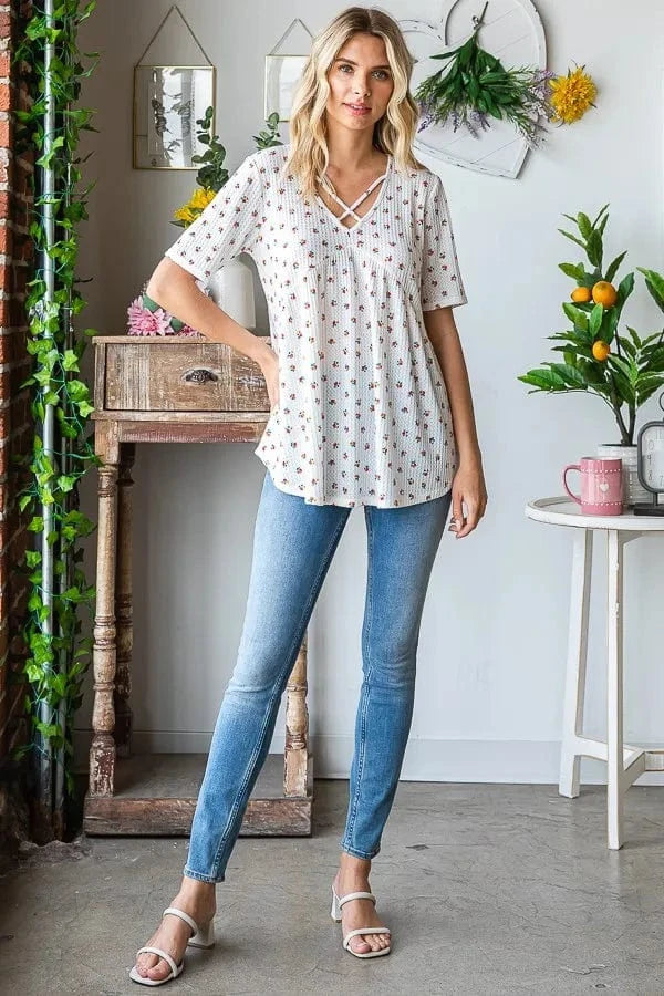 Heimish Full Size Crisscross Ditsy Floral Babydoll Top Plus Size - ShalayeFashion