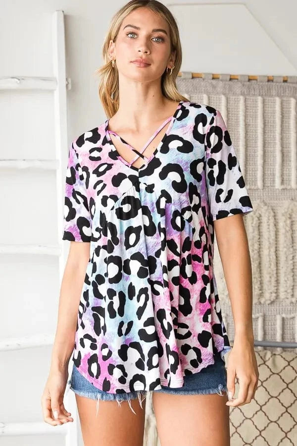 Heimish Full Size Crisscross Neck Animal Print Babydoll Top Plus Size - ShalayeFashion