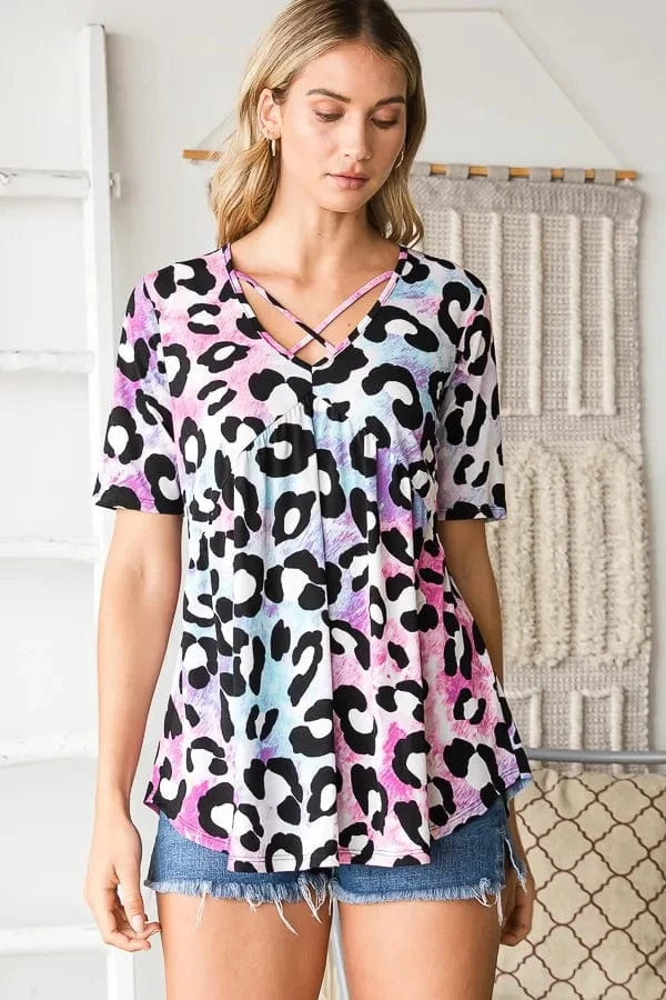 Heimish Full Size Crisscross Neck Animal Print Babydoll Top Plus Size - ShalayeFashion