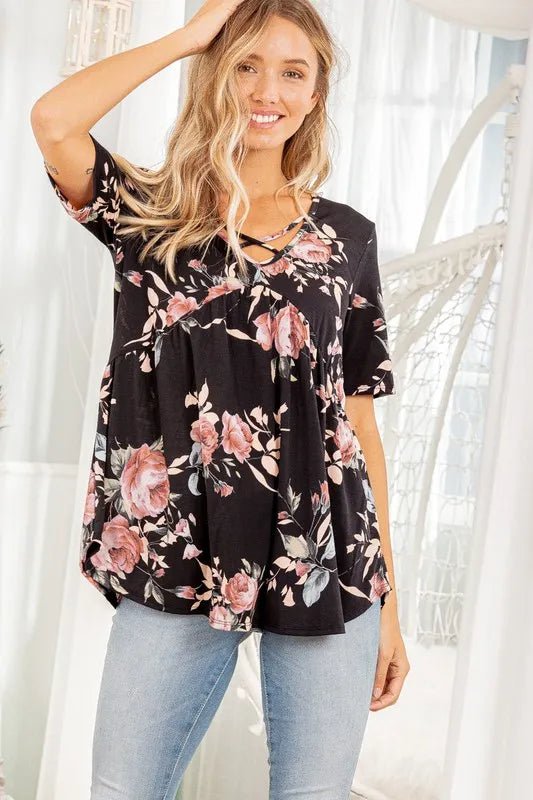 Heimish Full Size Crisscross Neck Floral Babydoll Top Plus Size - ShalayeFashion