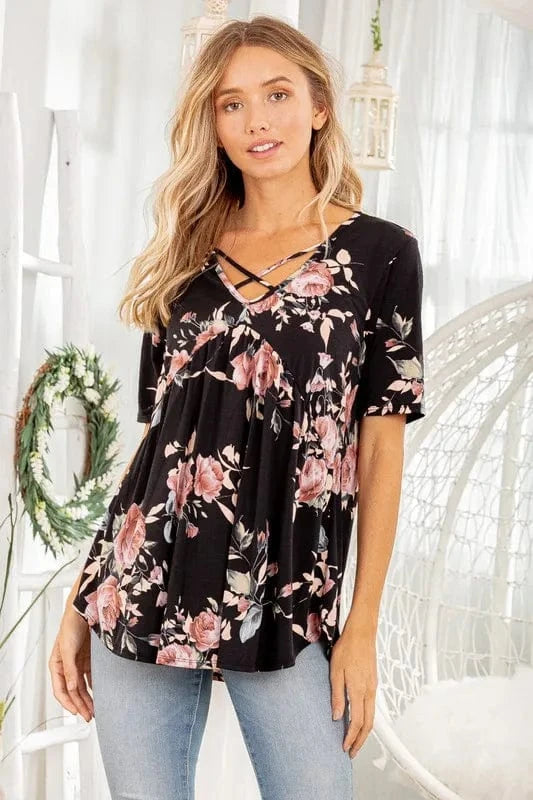 Heimish Full Size Crisscross Neck Floral Babydoll Top Plus Size - ShalayeFashion