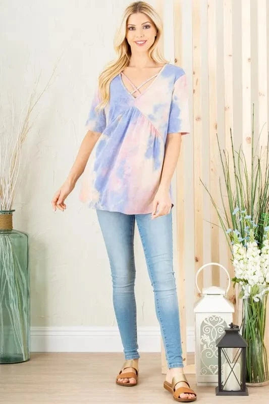 Heimish Full Size Crisscross Tie Dye Babydoll Top Plus Size - ShalayeFashion