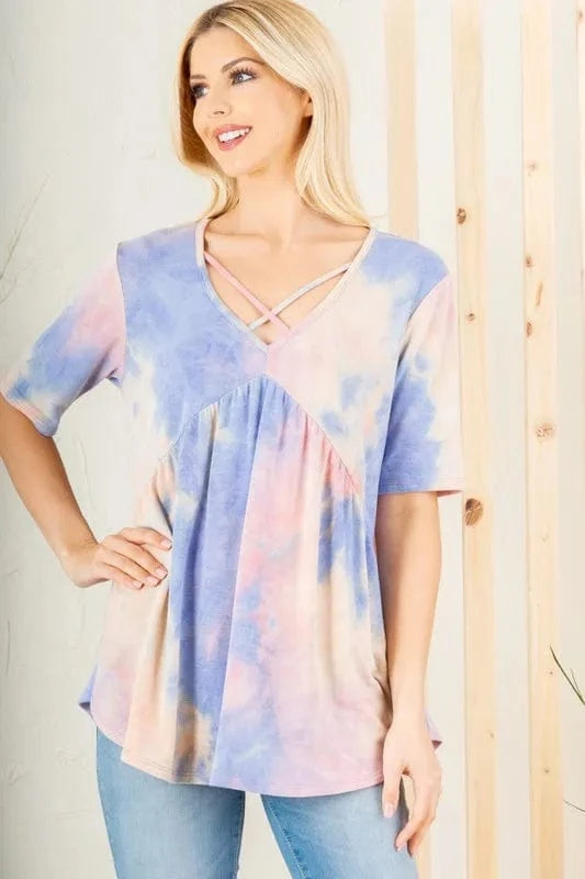 Heimish Full Size Crisscross Tie Dye Babydoll Top Plus Size - ShalayeFashion