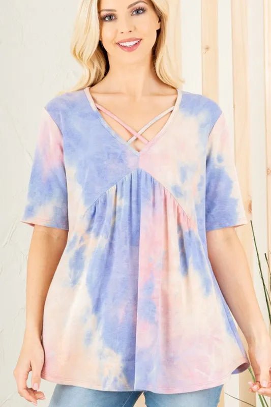 Heimish Full Size Crisscross Tie Dye Babydoll Top Plus Size - ShalayeFashion