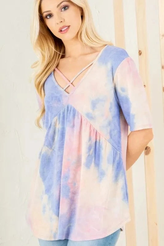 Heimish Full Size Crisscross Tie Dye Babydoll Top Plus Size - ShalayeFashion