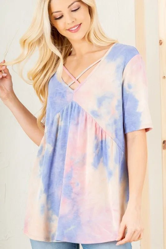 Heimish Full Size Crisscross Tie Dye Babydoll Top Plus Size - ShalayeFashion