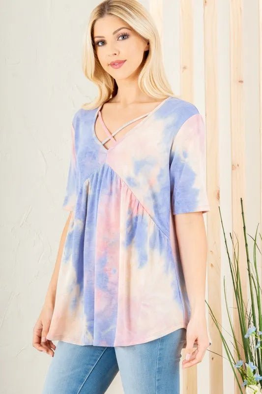 Heimish Full Size Crisscross Tie Dye Babydoll Top Plus Size - ShalayeFashion