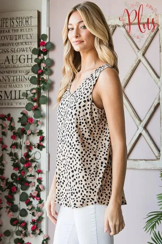 Heimish Full Size Front Button Animal Print Sleeveless Top Plus Size - ShalayeFashion