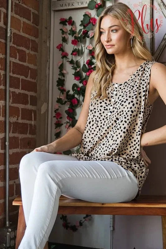 Heimish Full Size Front Button Animal Print Sleeveless Top Plus Size - ShalayeFashion