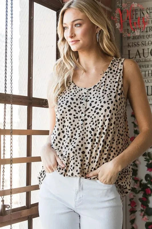 Heimish Full Size Front Button Animal Print Sleeveless Top Plus Size - ShalayeFashion