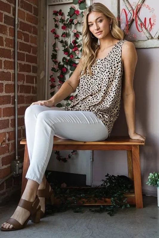 Heimish Full Size Front Button Animal Print Sleeveless Top Plus Size - ShalayeFashion