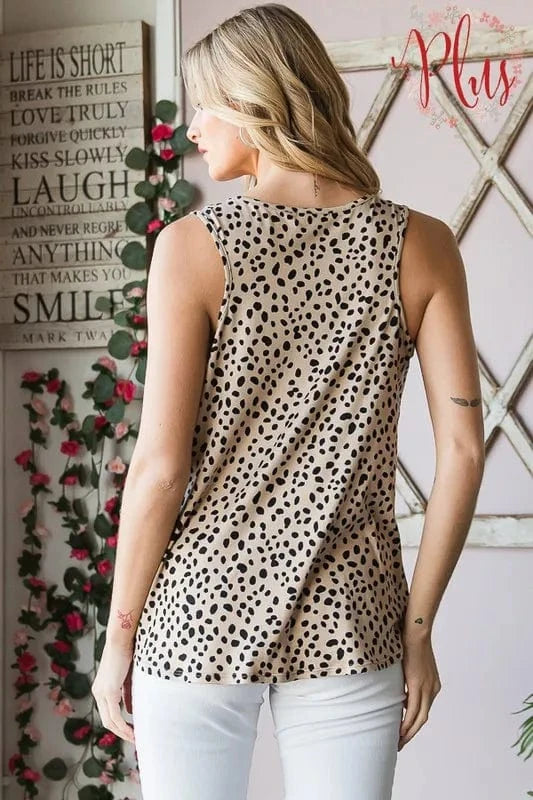 Heimish Full Size Front Button Animal Print Sleeveless Top Plus Size - ShalayeFashion