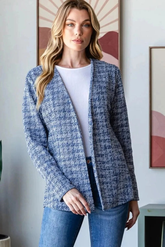 Heimish Full Size Houndstooth Tweed Open Front Blazer - ShalayeFashion