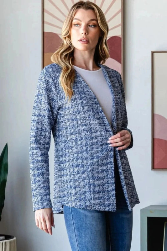 Heimish Full Size Houndstooth Tweed Open Front Blazer - ShalayeFashion