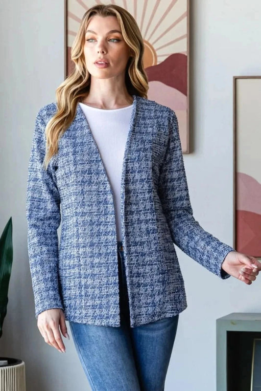 Heimish Full Size Houndstooth Tweed Open Front Blazer - ShalayeFashion