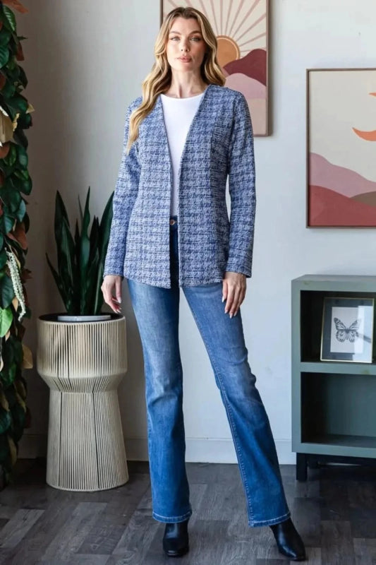 Heimish Full Size Houndstooth Tweed Open Front Blazer - ShalayeFashion