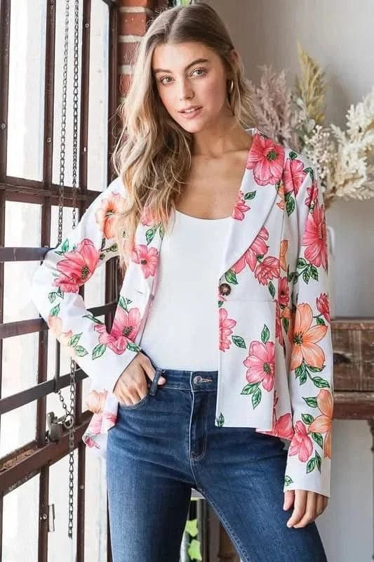Heimish Full Size Multi Color Floral Blazers with Tunic Plus Size - ShalayeFashion