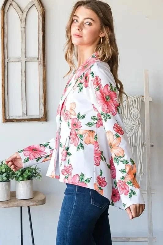 Heimish Full Size Multi Color Floral Blazers with Tunic Plus Size - ShalayeFashion