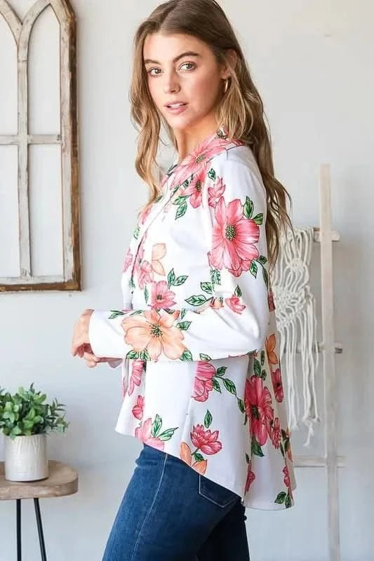 Heimish Full Size Multi Color Floral Blazers with Tunic Plus Size - ShalayeFashion