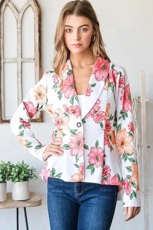 Heimish Full Size Multi Color Floral Blazers with Tunic Plus Size - ShalayeFashion