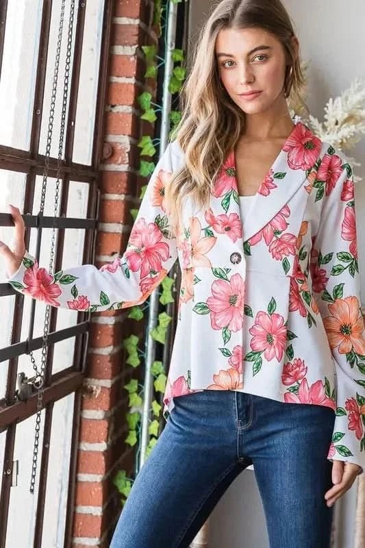 Heimish Full Size Multi Color Floral Blazers with Tunic Plus Size - ShalayeFashion