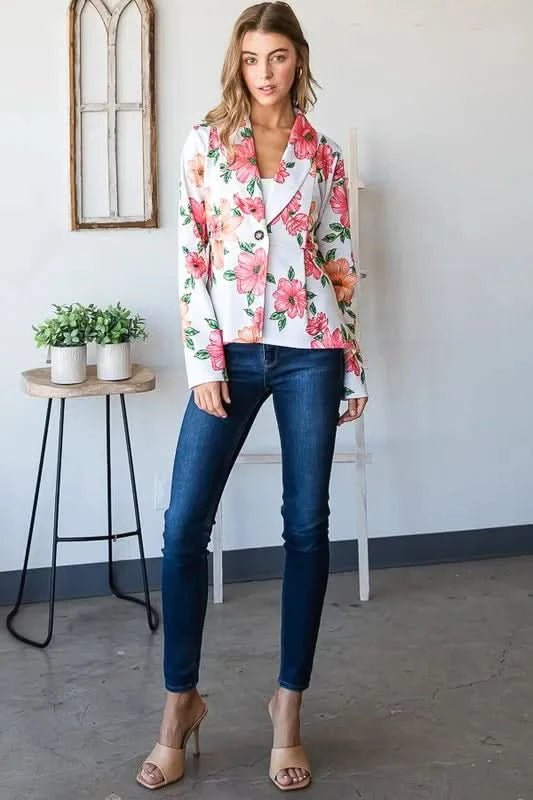 Heimish Full Size Multi Color Floral Blazers with Tunic Plus Size - ShalayeFashion