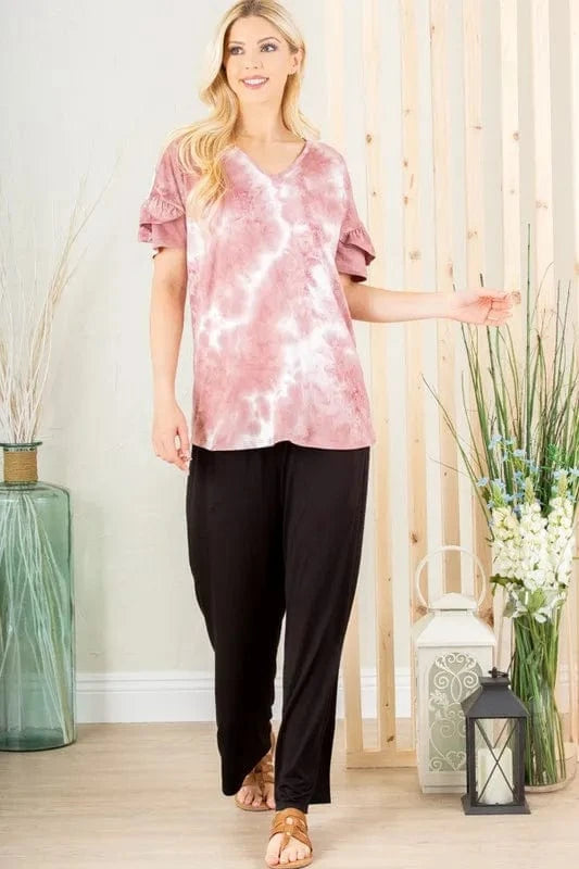 Heimish Full Size Ruffled Sleeve Tie Dye Top Plus Size - ShalayeFashion