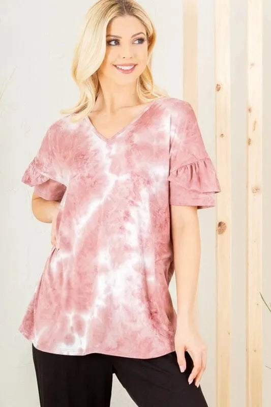 Heimish Full Size Ruffled Sleeve Tie Dye Top Plus Size - ShalayeFashion