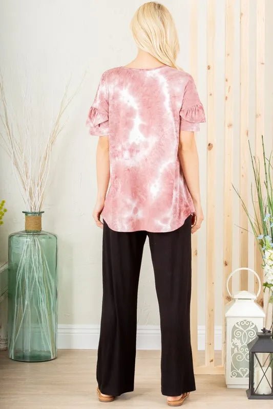 Heimish Full Size Ruffled Sleeve Tie Dye Top Plus Size - ShalayeFashion