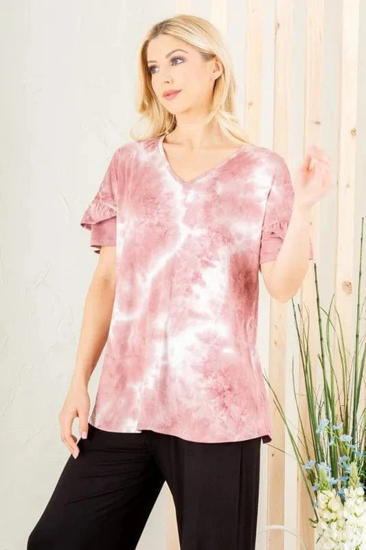 Heimish Full Size Ruffled Sleeve Tie Dye Top Plus Size - ShalayeFashion