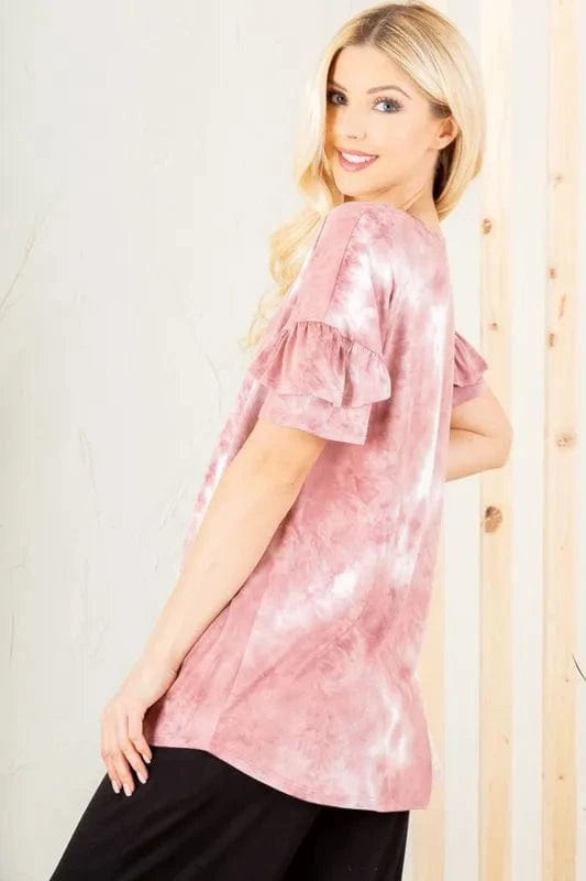 Heimish Full Size Ruffled Sleeve Tie Dye Top Plus Size - ShalayeFashion
