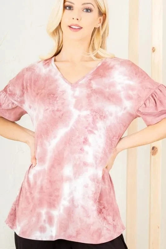 Heimish Full Size Ruffled Sleeve Tie Dye Top Plus Size - ShalayeFashion