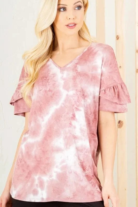 Heimish Full Size Ruffled Sleeve Tie Dye Top Plus Size - ShalayeFashion